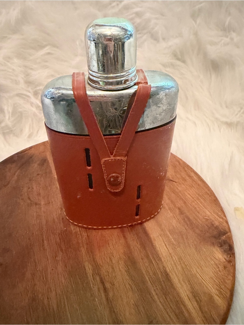 Vintage Brown Griffon Leather-Wrapped Flask with Silver Cap